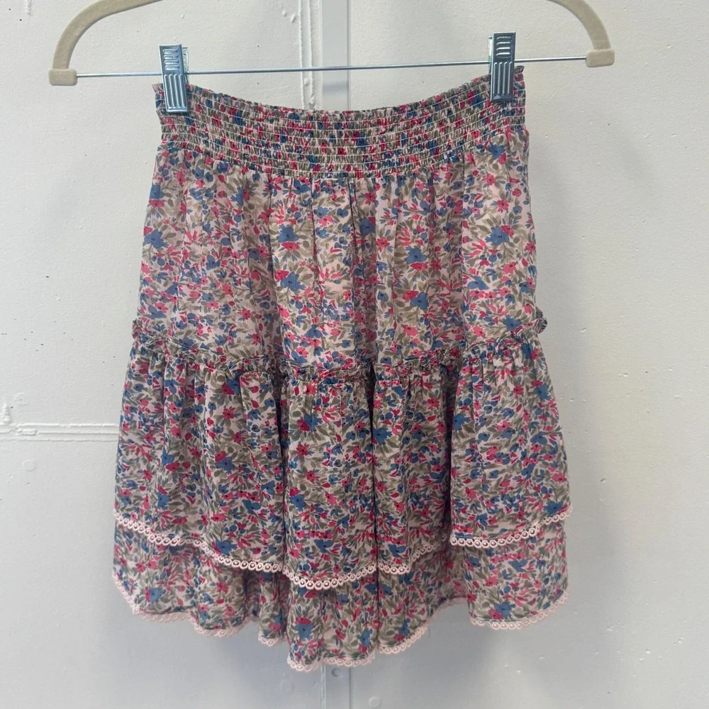 BB Dakota Steve Madden Floral Smocked Tiered Mini Skirt Pink Blue BL19417S Small
